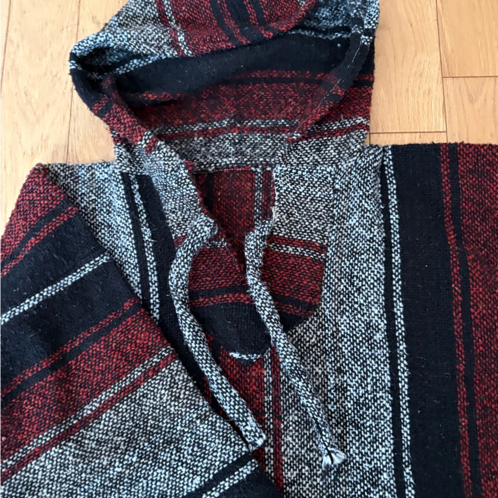 Hippie Red and Black Striped Hooded Poncho XL